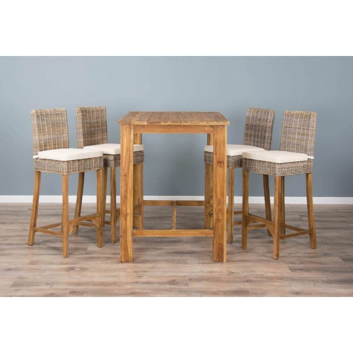 1.2m Reclaimed Teak Rectangular Bar Table with 4 Kubu Wicker Bar Stools - 2