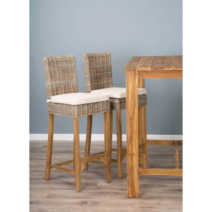 1.2m Reclaimed Teak Rectangular Bar Table with 4 Kubu Wicker Bar Stools - 1