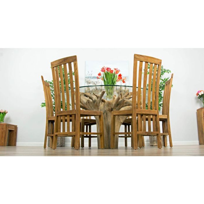 1.5m Reclaimed Teak Flute Root Circular Dining Table with 6 Santos Chairs - 2
