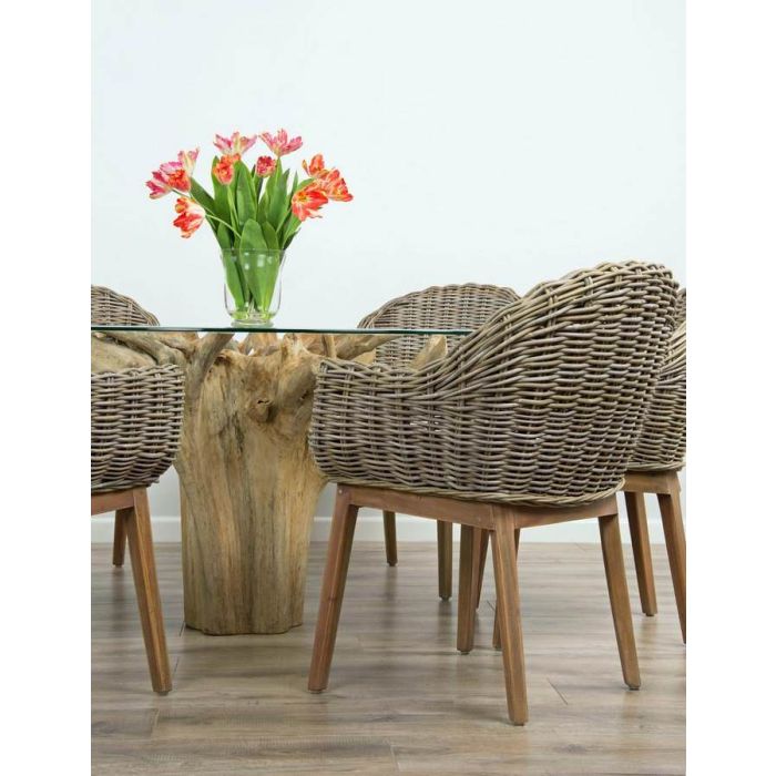 1.5m Reclaimed Teak Flute Root Circular Dining Table with 6 Scandi Armchairs  - 5