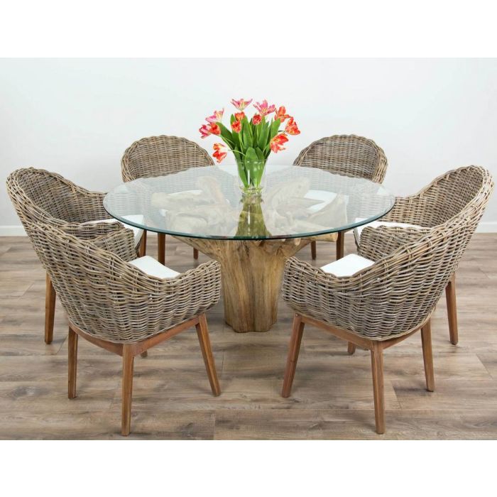 1.5m Reclaimed Teak Flute Root Circular Dining Table with 6 Scandi Armchairs  - 2