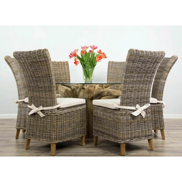 1.5m Reclaimed Teak Flute Root Circular Dining Table with 6 Latifa Chairs - 0