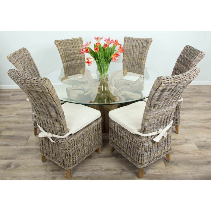 1.5m Reclaimed Teak Flute Root Circular Dining Table with 6 Latifa Chairs - 2