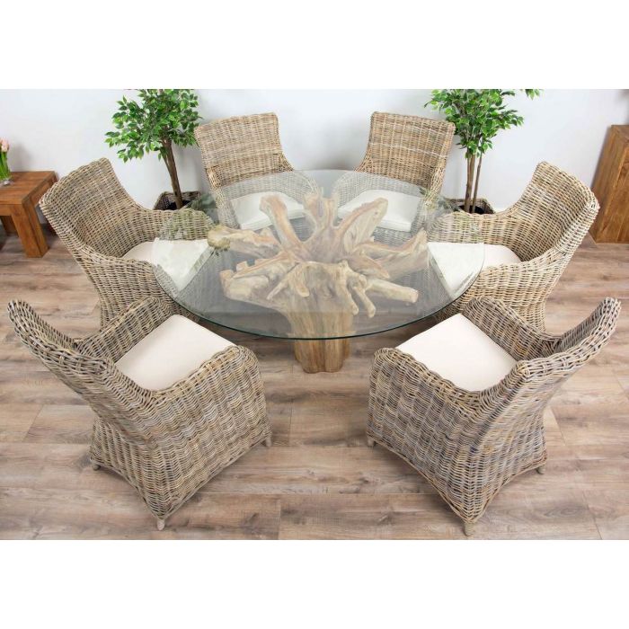 1.5m Reclaimed Teak Flute Root Circular Dining Table with 6 Donna Armchairs - 3