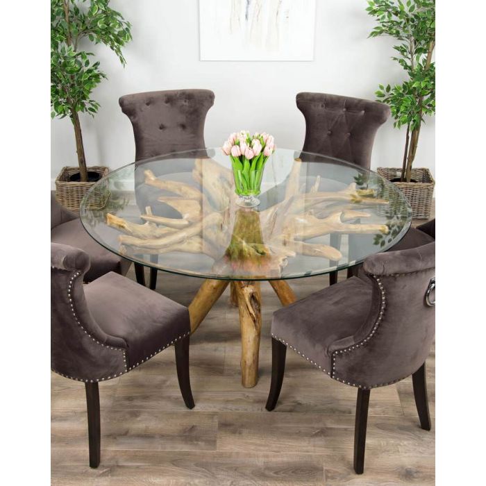 1.5m Reclaimed Teak Root Circular Dining Table with 6 Velveteen Ring Back Dining Chairs - 4