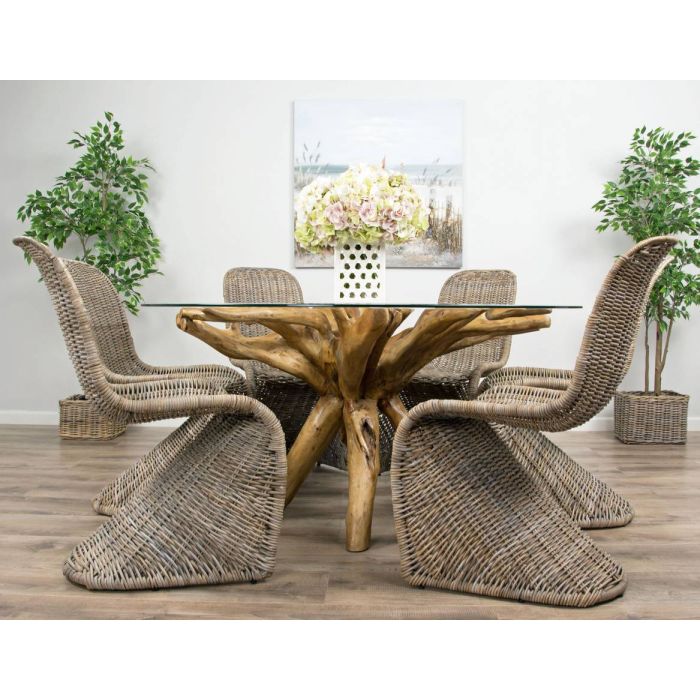 1.5m Reclaimed Teak Root Circular Dining Table with 6 Stackable Zorro Chairs  - 2