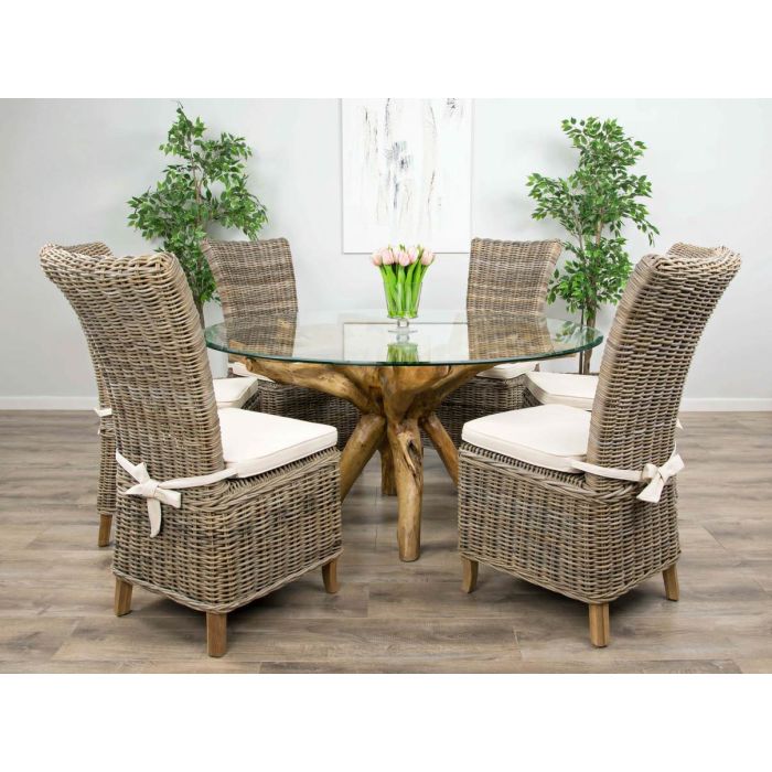 1.5m Reclaimed Teak Root Circular Dining Table with 6 Latifa Chairs  - 1