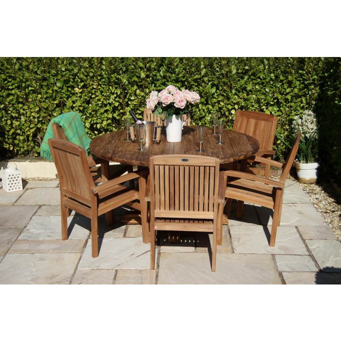 1.5m Reclaimed Teak Outdoor Open Slatted Dartmouth Table with 6 Marley Armchairs - 1