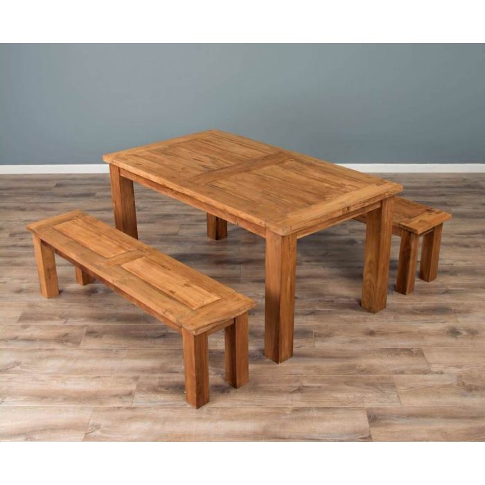 1.6m Reclaimed Teak Mexico Dining Table with 2 Backless Benches - 4