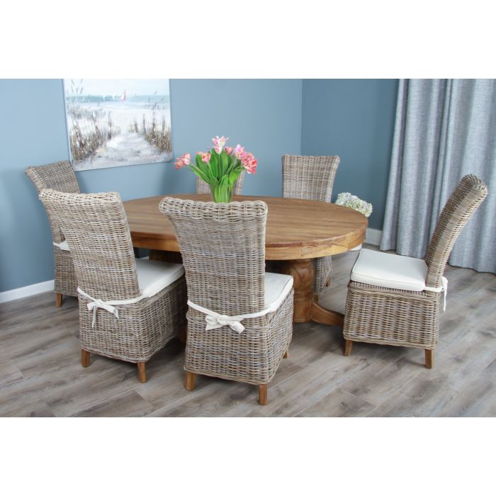 1.8m Reclaimed Teak Oval Pedestal Table with 6 Latifa Dining Chairs - 2