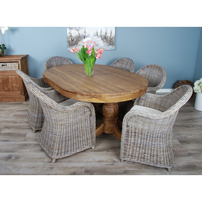 1.8m Reclaimed Teak Oval Pedestal Dining Table with 6 Riviera Chairs - 2