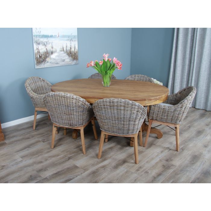 1.8m Reclaimed Teak Oval Pedestal Dining Table with 6 Scandi Armchairs  - 5