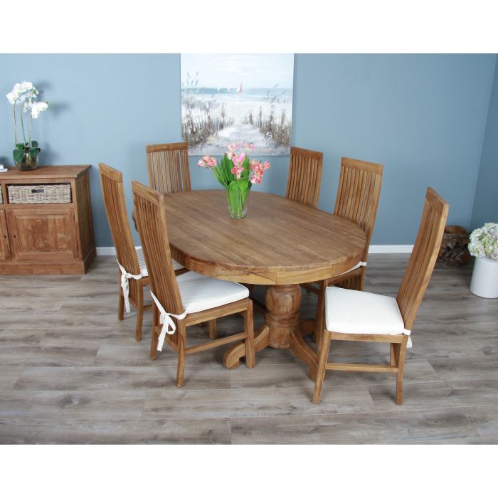 1.8m Reclaimed Teak Oval Pedestal Dining Table with 6 Vikka Chairs  - 5