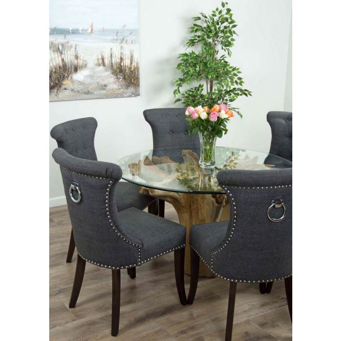 1.2m Reclaimed Teak Flute Root Circular Dining Table with 4 Dove Grey Ring Back Dining Chairs - 10