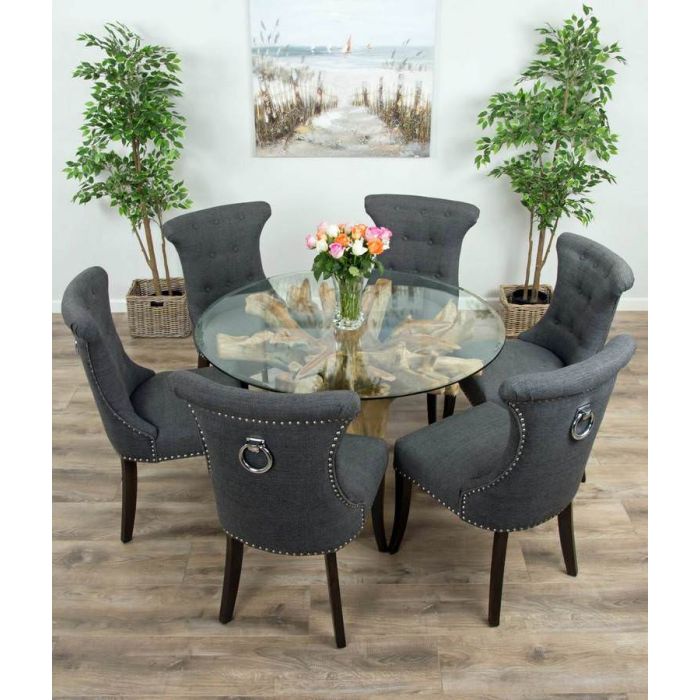 1.2m Reclaimed Teak Flute Root Circular Dining Table with 4 Dove Grey Ring Back Dining Chairs - 8