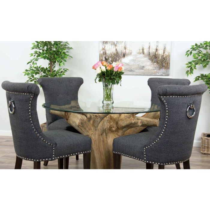1.2m Reclaimed Teak Flute Root Circular Dining Table with 4 Dove Grey Ring Back Dining Chairs - 2