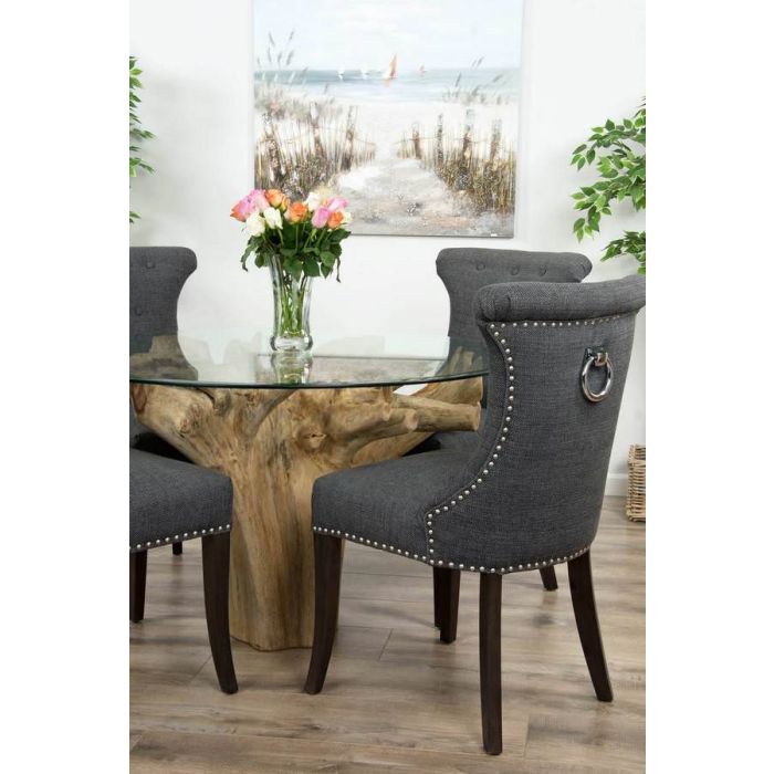 1.2m Reclaimed Teak Flute Root Circular Dining Table with 4 Dove Grey Ring Back Dining Chairs - 4