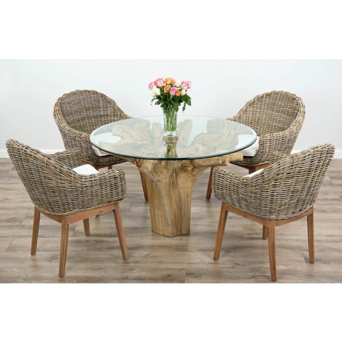1.2m Reclaimed Teak Flute Root Circular Dining Table with 4 Scandi Armchairs - 3