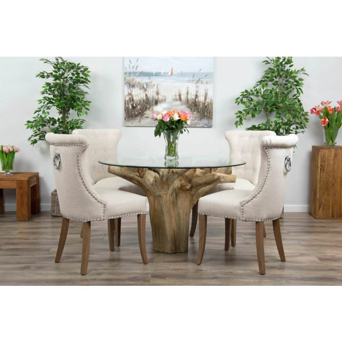 1.2m Reclaimed Teak Flute Root Circular Dining Table with 4 Natural Ring Back Dining Chairs - 5