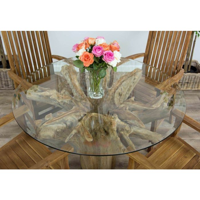 1.2m Reclaimed Teak Flute Root Circular Dining Table with 4 Vikka Armchairs - 0