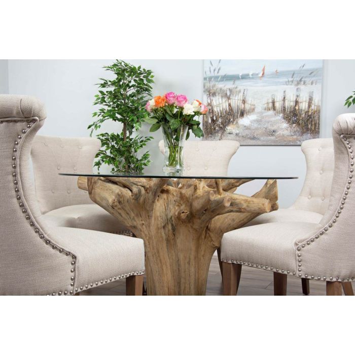 1.2m Reclaimed Teak Flute Root Circular Dining Table with 4 Natural Ring Back Dining Chairs - 14