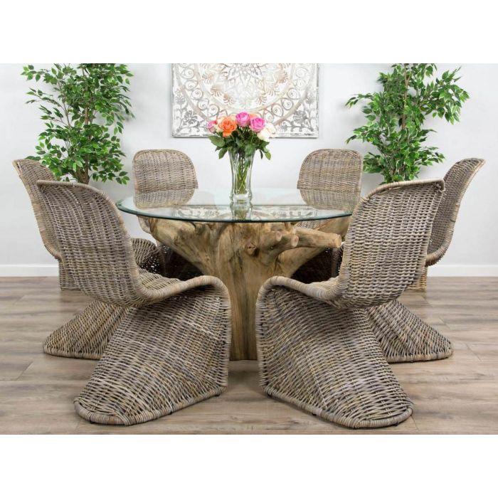 1.2m Reclaimed Teak Flute Root Circular Dining Table with 4 or 6 Stackable Zorro Chairs - 5