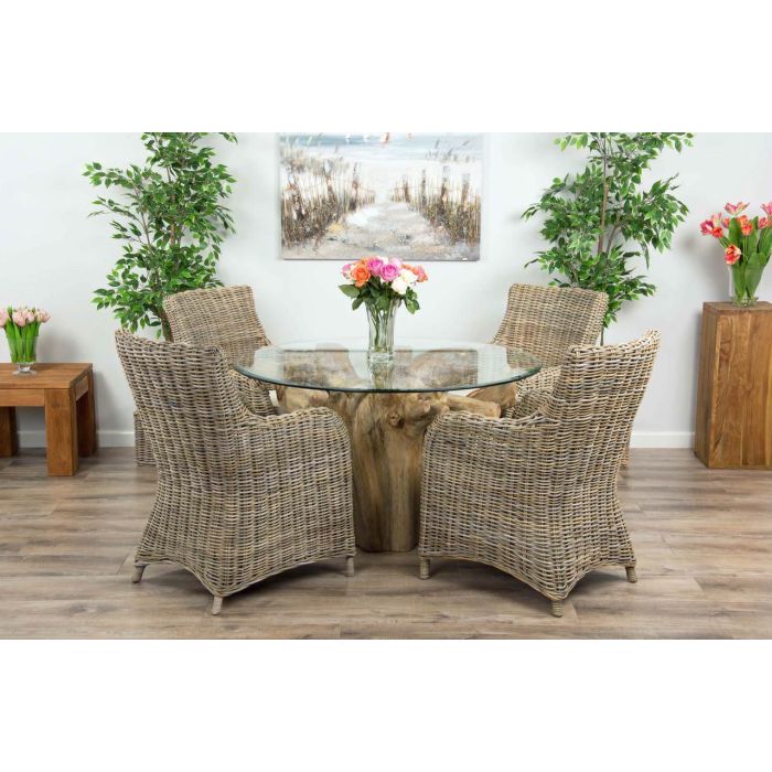 1.2m Reclaimed Teak Flute Root Circular Dining Table with 4 Donna Dining Chairs  - 8