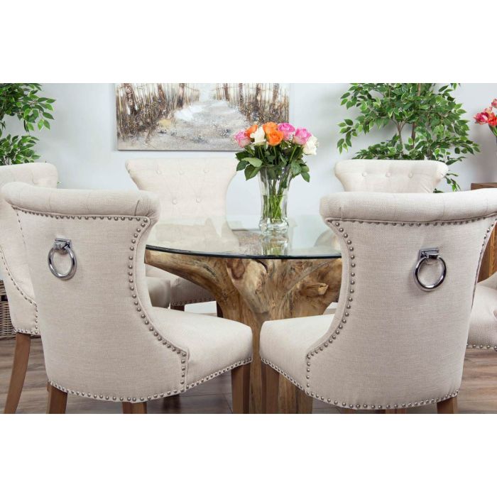 1.2m Reclaimed Teak Flute Root Circular Dining Table with 4 Natural Ring Back Dining Chairs - 11