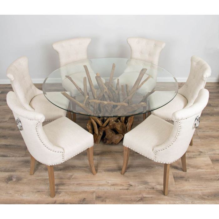 1.5m Reclaimed Teak Root Piece Circular Dining Table with 6 Natural Windsor Ring Back Chairs - 3