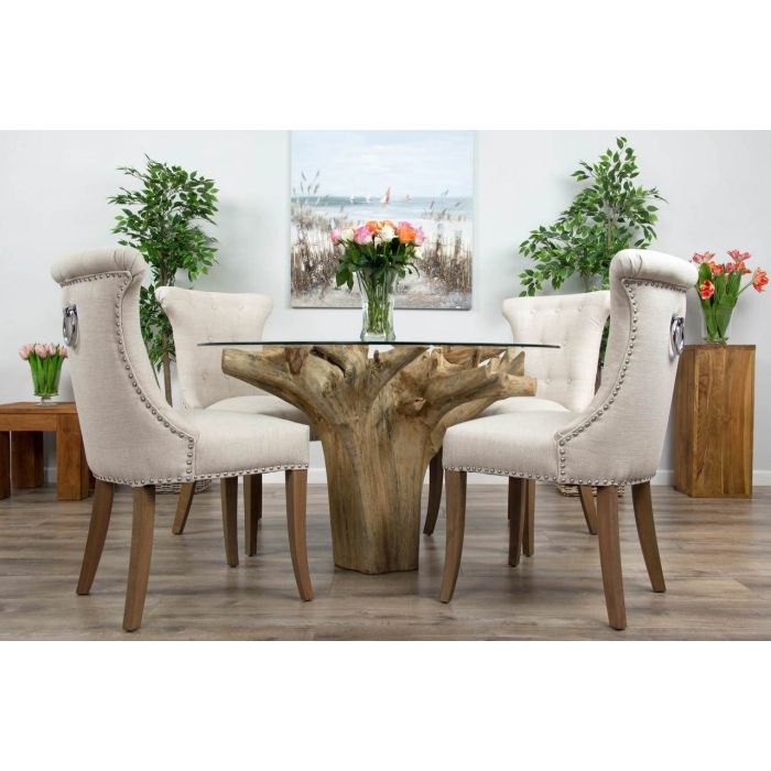 1.2m Reclaimed Teak Flute Root Circular Dining Table with 4 Natural Ring Back Dining Chairs - 7