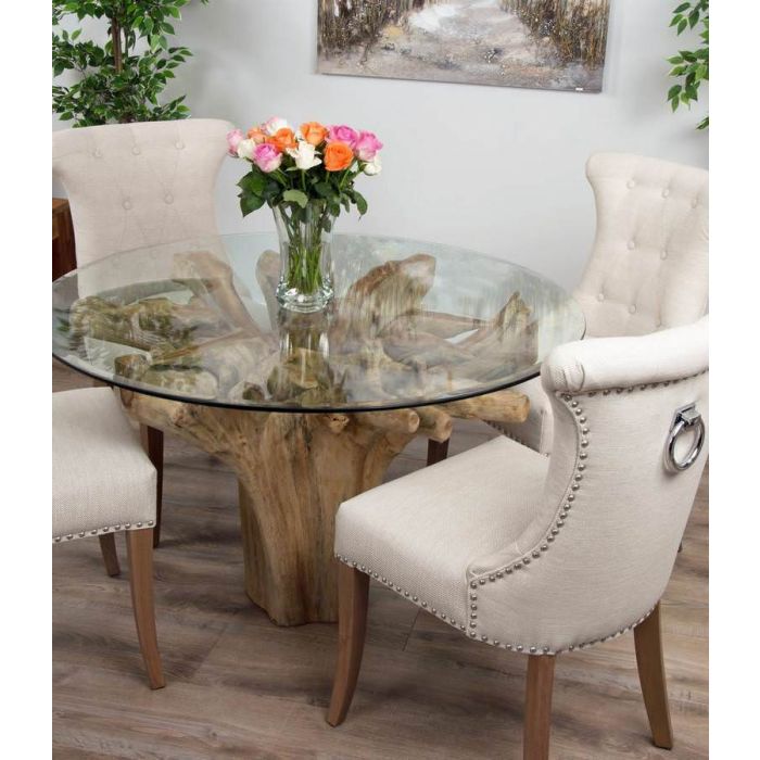 1.2m Reclaimed Teak Flute Root Circular Dining Table with 4 Natural Ring Back Dining Chairs - 6