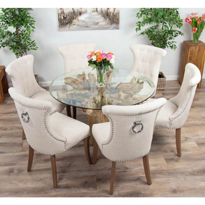 1.2m Reclaimed Teak Flute Root Circular Dining Table with 4 Natural Ring Back Dining Chairs - 9