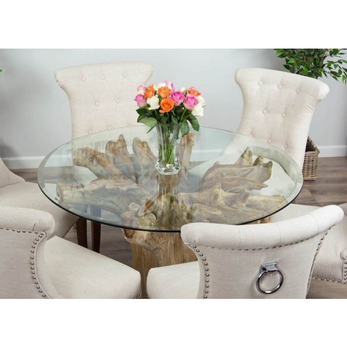 1.2m Reclaimed Teak Flute Root Circular Dining Table with 4 Natural Ring Back Dining Chairs - 12