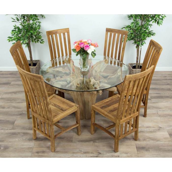 1.2m Reclaimed Teak Flute Root Circular Dining Table with 4 Santos Dining Chairs  - 8