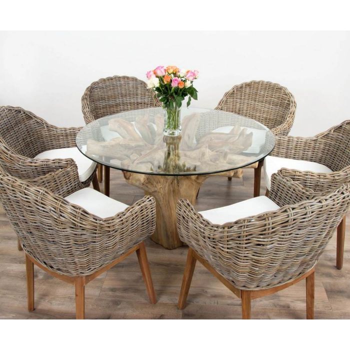 1.2m Reclaimed Teak Flute Root Circular Dining Table with 4 Scandi Armchairs - 9