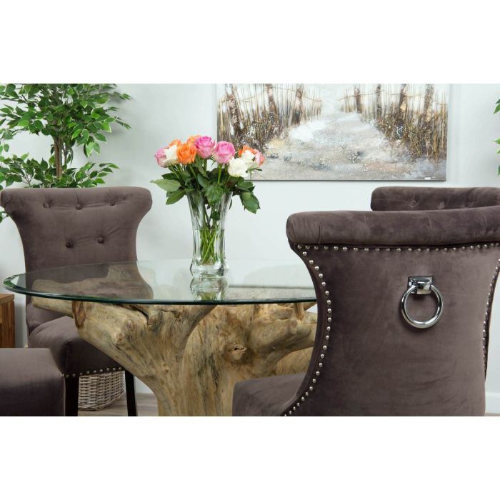 1.2m Reclaimed Teak Flute Root Circular Dining Table with 4 Velveteen Ring Back Dining Chairs  - 2
