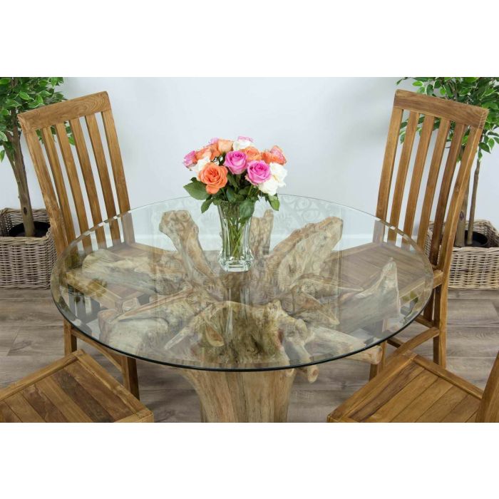 1.2m Reclaimed Teak Flute Root Circular Dining Table with 4 Santos Dining Chairs  - 2