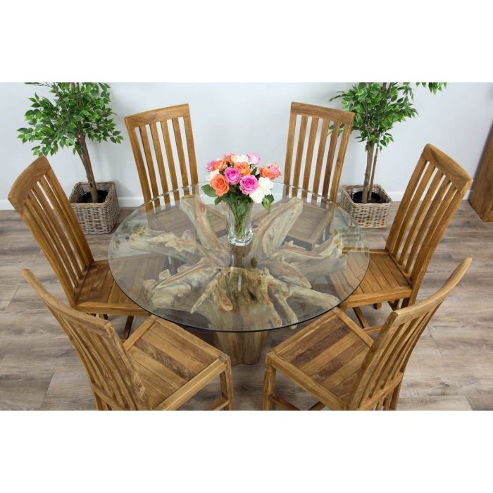 1.2m Reclaimed Teak Flute Root Circular Dining Table with 4 Santos Dining Chairs  - 10