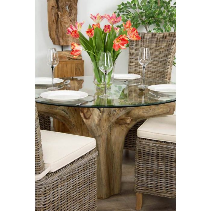 1.2m Reclaimed Teak Flute Root Circular Dining Table with 4 Latifa Dining Chairs - 4