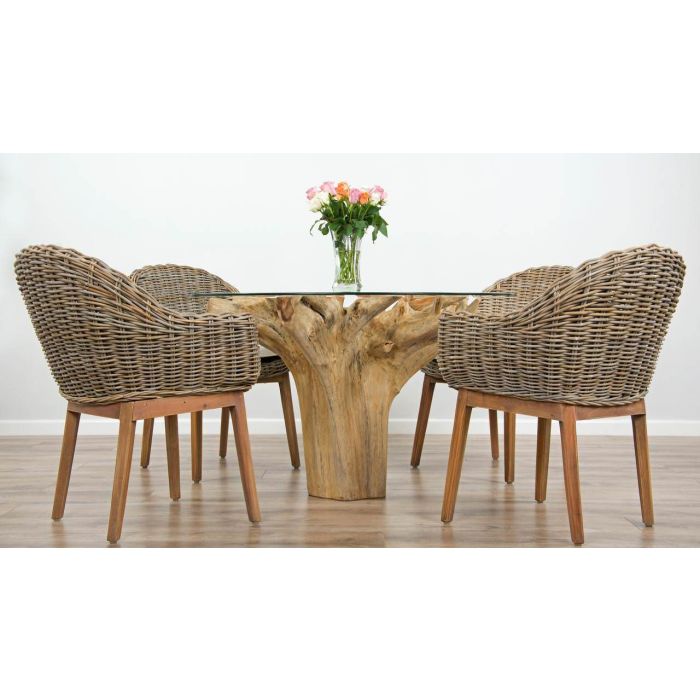 1.2m Reclaimed Teak Flute Root Circular Dining Table with 4 Scandi Armchairs - 5
