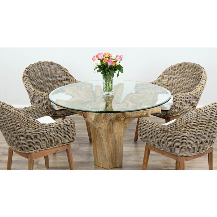 1.2m Reclaimed Teak Flute Root Circular Dining Table with 4 Scandi Armchairs - 4