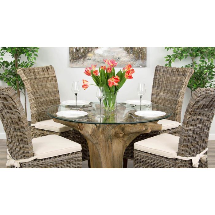 1.2m Reclaimed Teak Flute Root Circular Dining Table with 4 Latifa Dining Chairs - 0