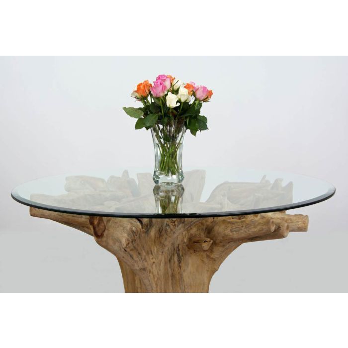 1.2m Reclaimed Teak Flute Root Circular Dining Table with 4 Velveteen Ring Back Dining Chairs  - 15