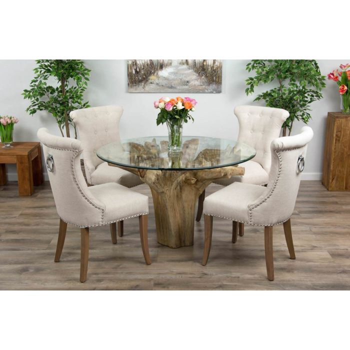 1.2m Reclaimed Teak Flute Root Circular Dining Table with 4 Natural Ring Back Dining Chairs - 3
