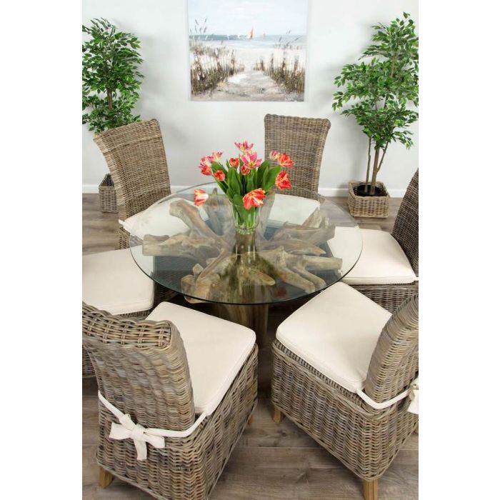 1.2m Reclaimed Teak Flute Root Circular Dining Table with 4 Latifa Dining Chairs - 11