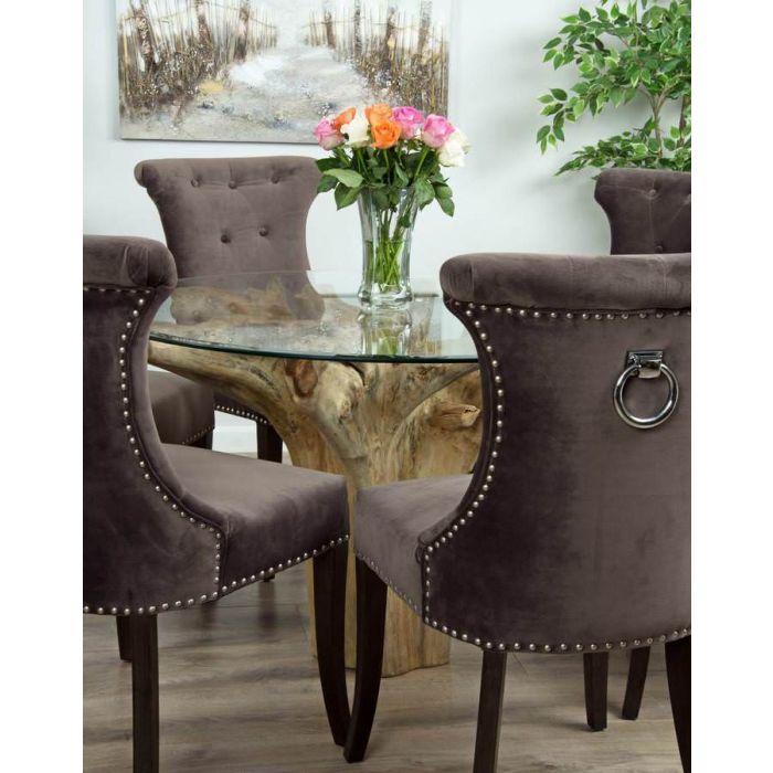 1.2m Reclaimed Teak Flute Root Circular Dining Table with 4 Velveteen Ring Back Dining Chairs  - 5