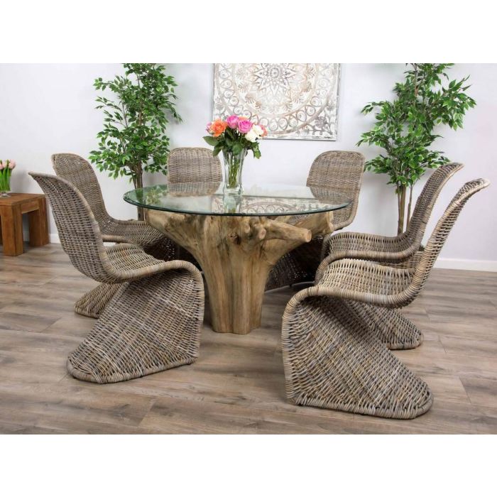 1.2m Reclaimed Teak Flute Root Circular Dining Table with 4 or 6 Stackable Zorro Chairs - 7