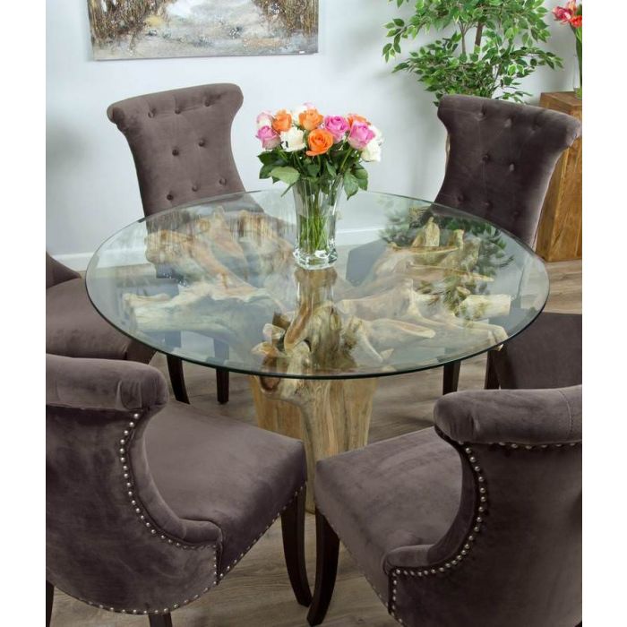 1.2m Reclaimed Teak Flute Root Circular Dining Table with 4 Velveteen Ring Back Dining Chairs  - 6