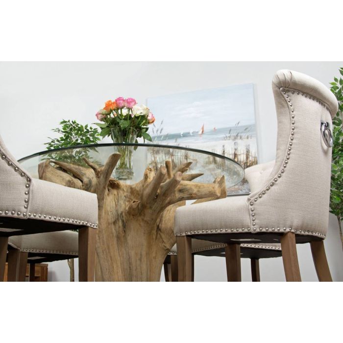 1.2m Reclaimed Teak Flute Root Circular Dining Table with 4 Natural Ring Back Dining Chairs - 8