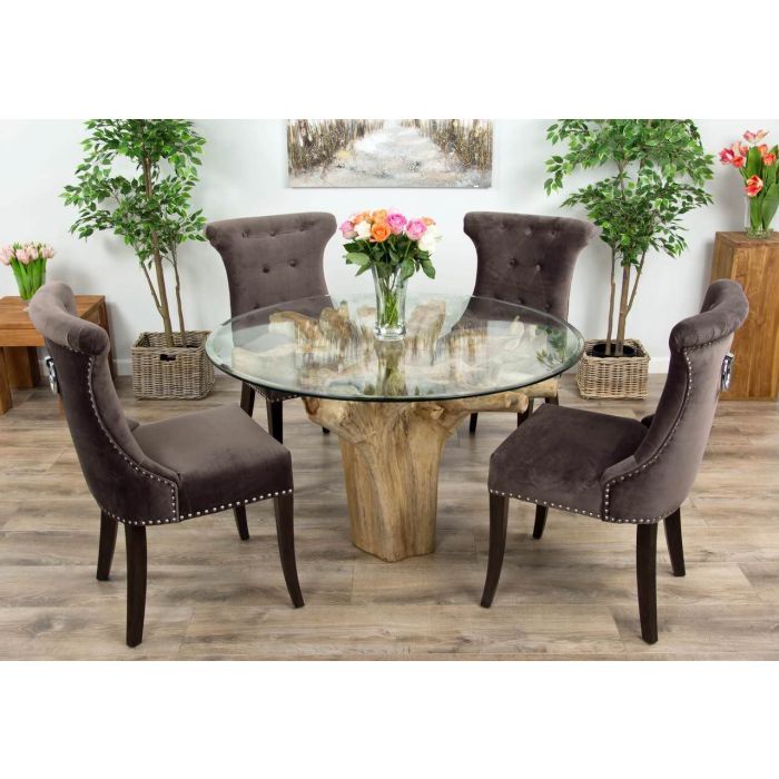 1.2m Reclaimed Teak Flute Root Circular Dining Table with 4 Velveteen Ring Back Dining Chairs  - 1